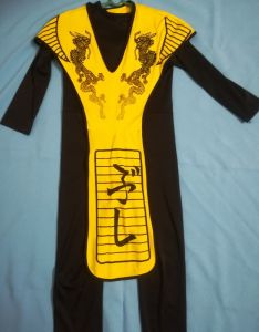 Kids Costumes to Hire - Ninja - black onesie, headpce & yellow bib